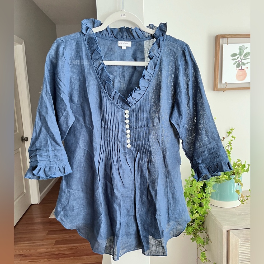 AT LAST Blue 100% Linen Ruffle Elbow Sleeve Tunic Top
